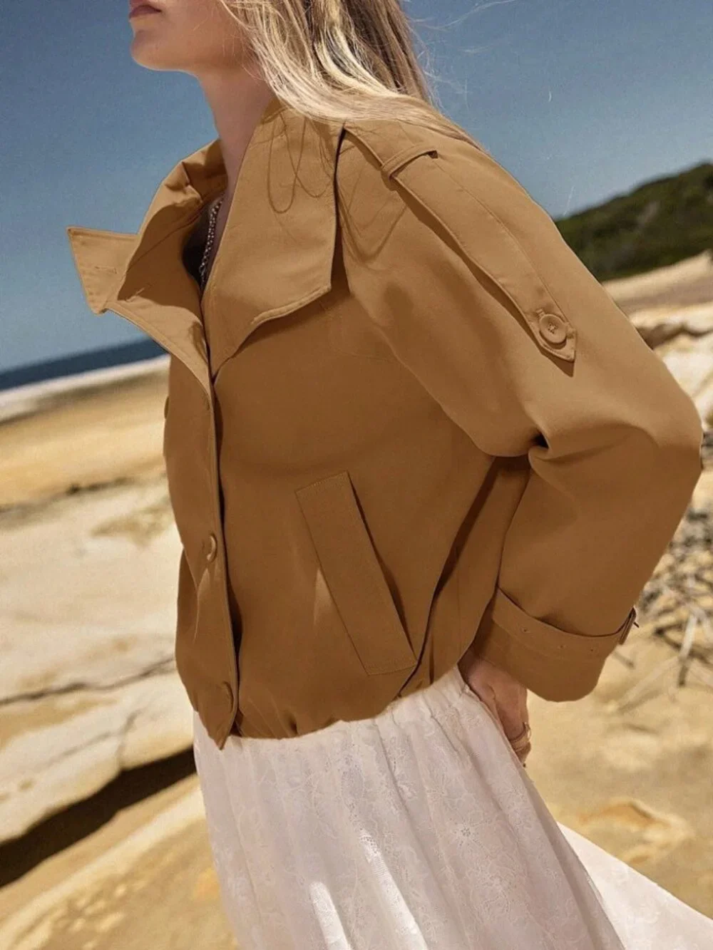 Camel Double-Breasted Cropped Trench Jacket with Belted Cuffs